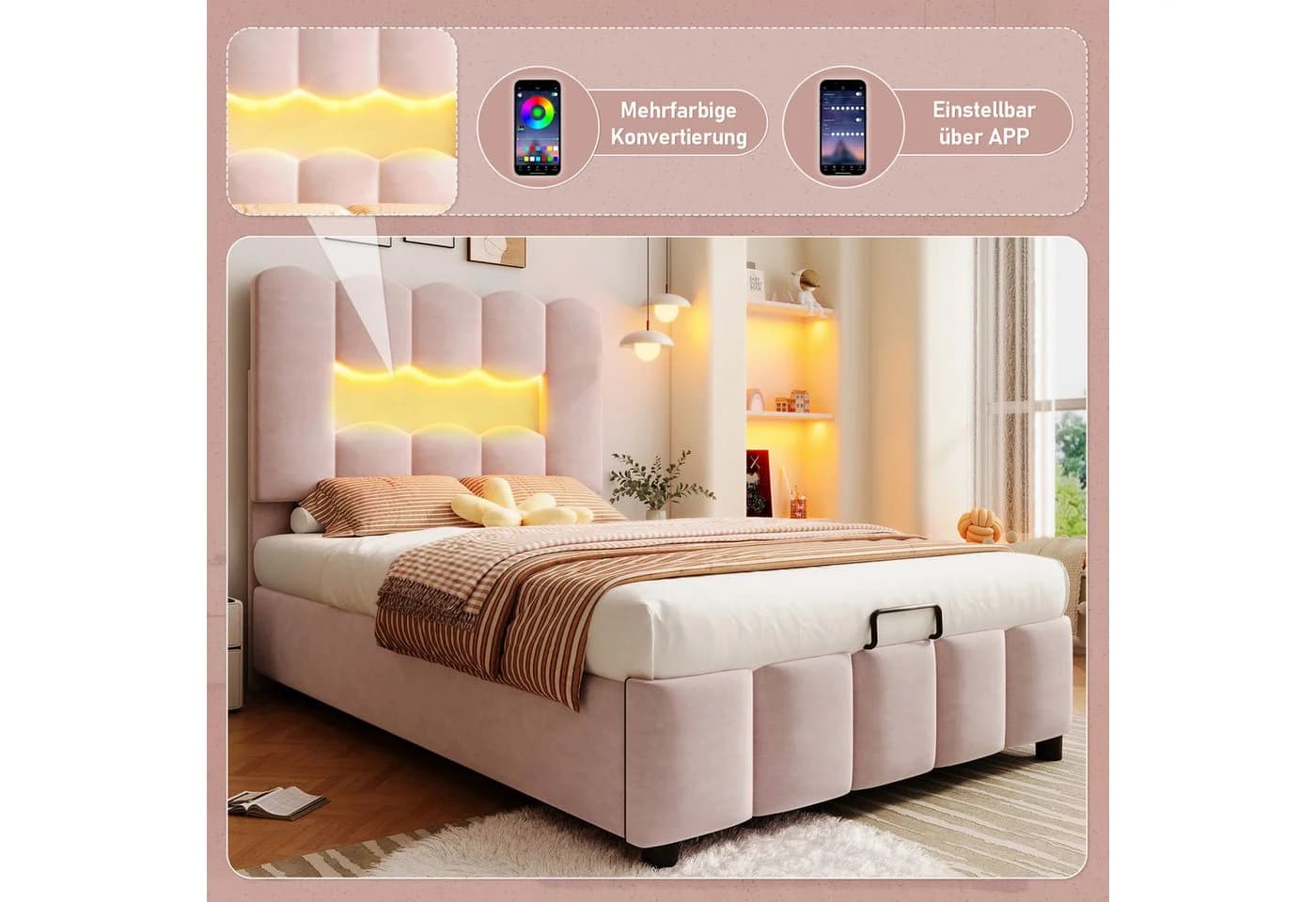 Merax Polsterbett 90x200cm mit LED-Beleuchtung & Stauraum Samt Rosa - Bild 5