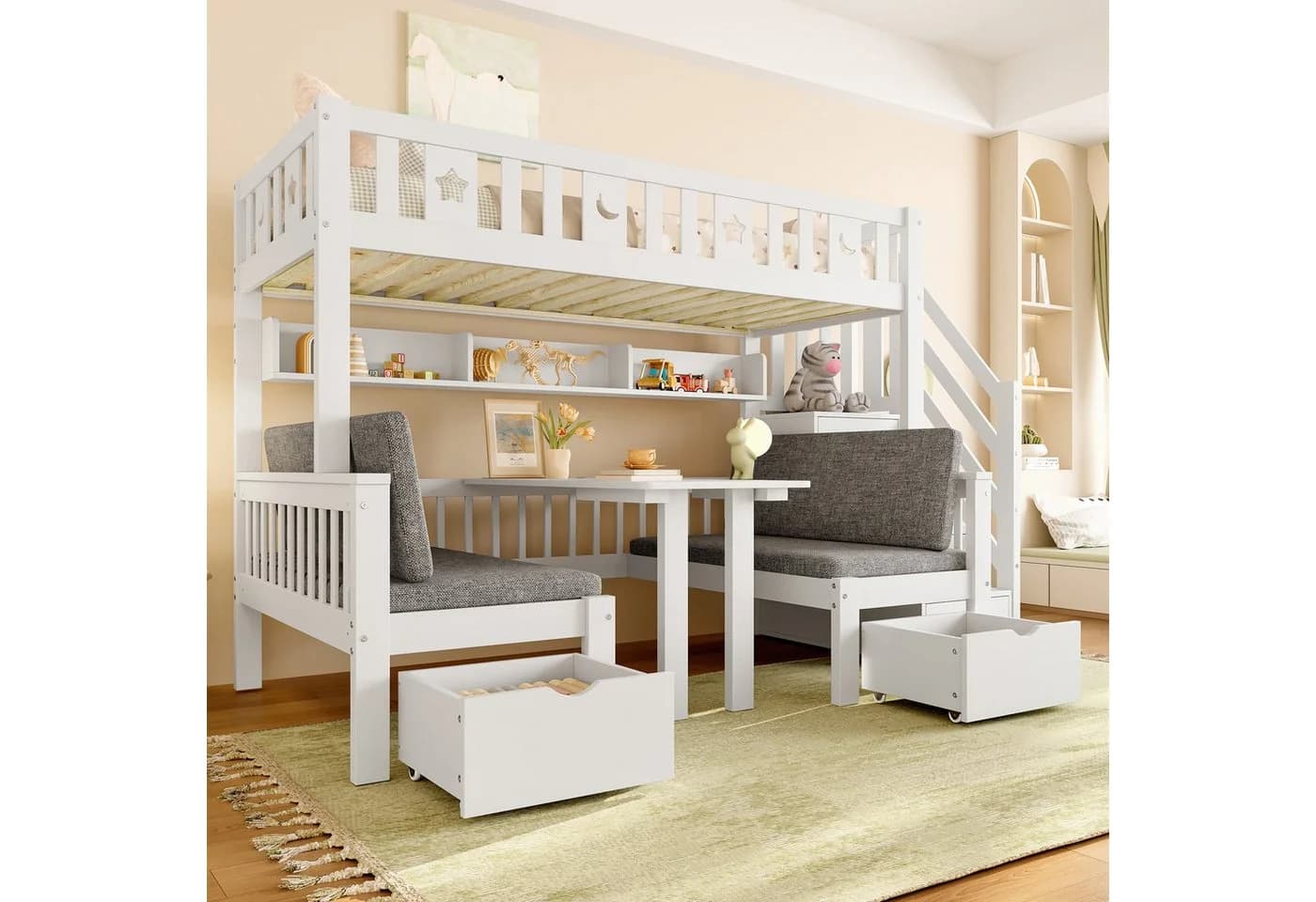 Merax Hochbett Weiß mit 2-in-1-Bett & Stauraumtreppe