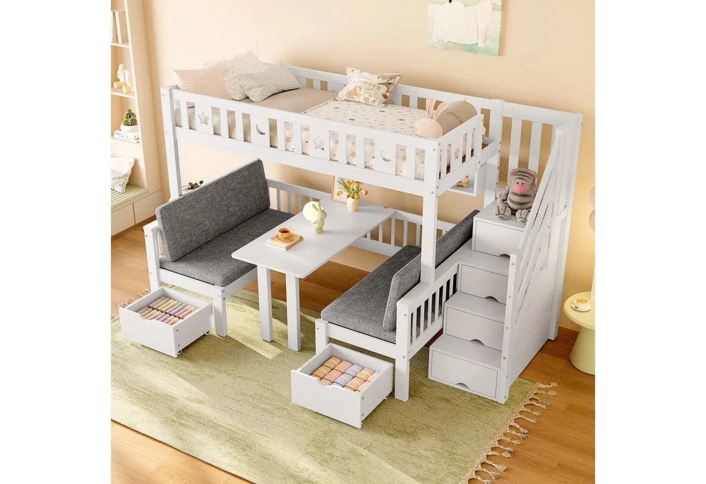 Merax Hochbett Weiß mit 2-in-1-Bett & Stauraumtreppe - Bild 3