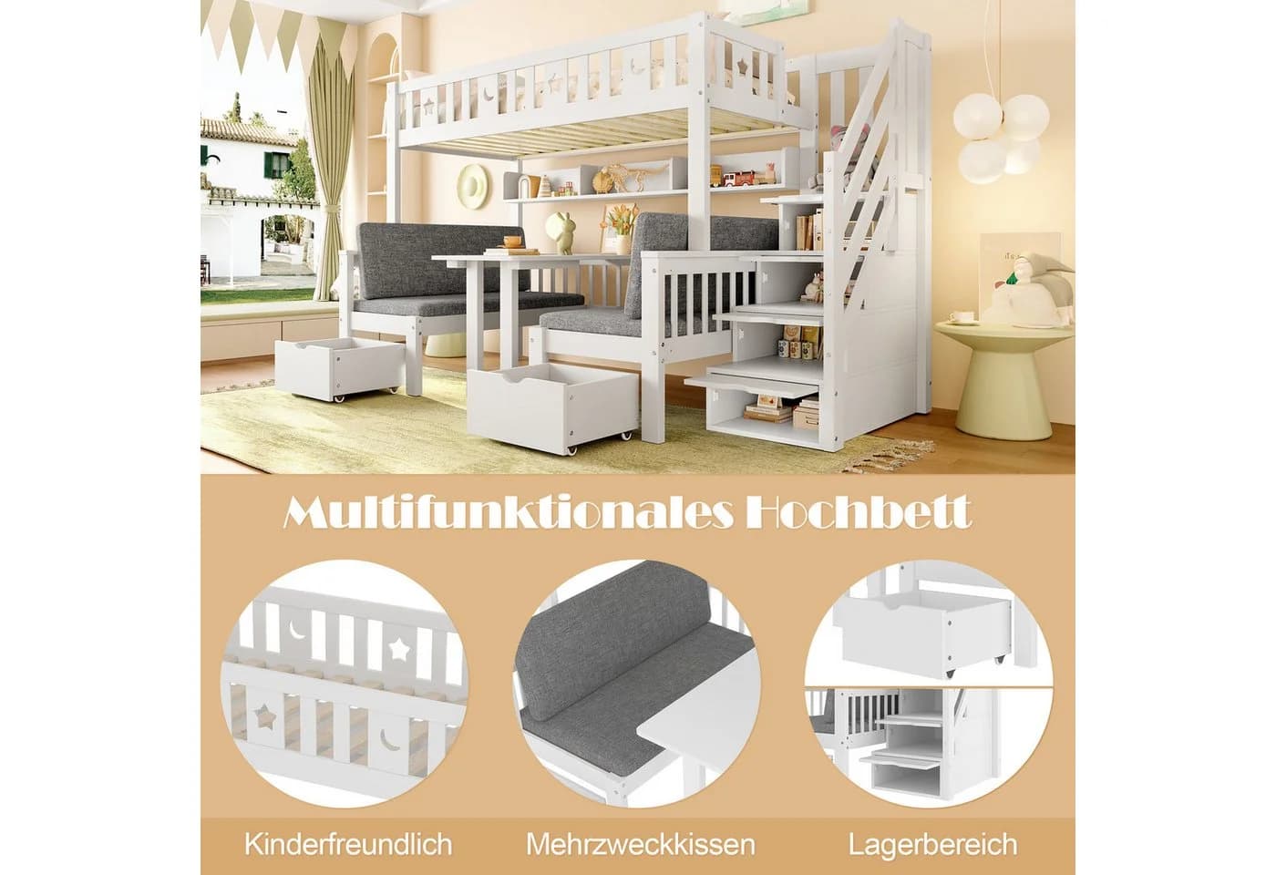Merax Hochbett Weiß mit 2-in-1-Bett & Stauraumtreppe - Bild 4