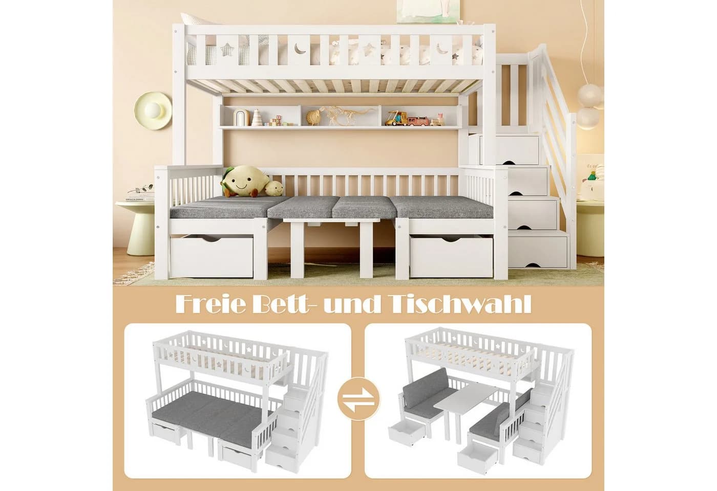Merax Hochbett Weiß mit 2-in-1-Bett & Stauraumtreppe - Bild 5