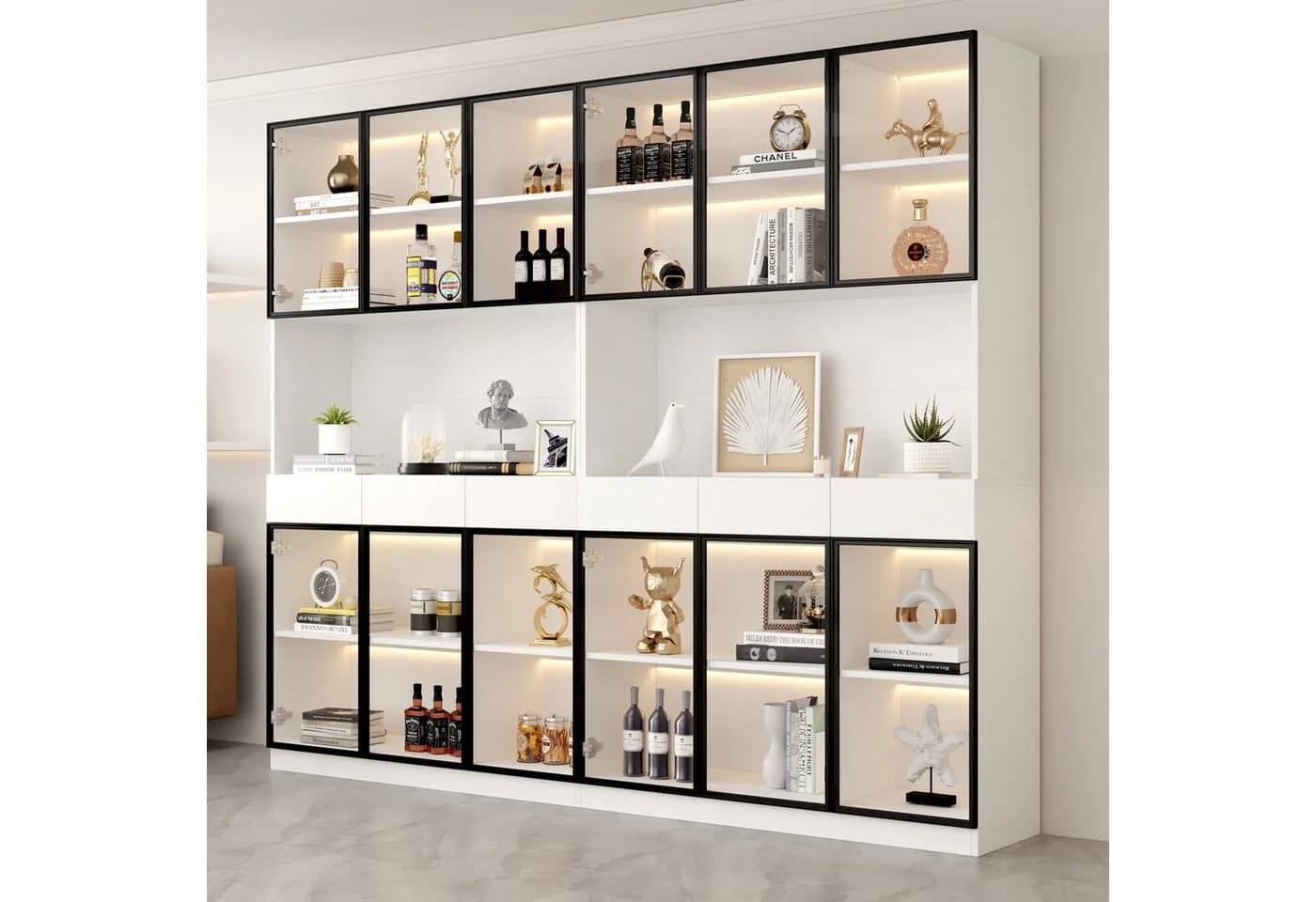 Merax Standvitrine Matt Glasvitrine mit LED-Beleuchtung und Stauraum - Bild 2