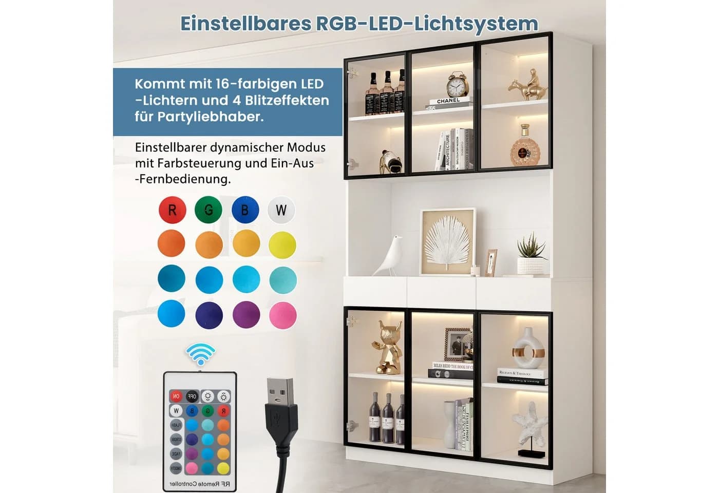 Merax Standvitrine Matt Glasvitrine mit LED-Beleuchtung und Stauraum - Bild 3