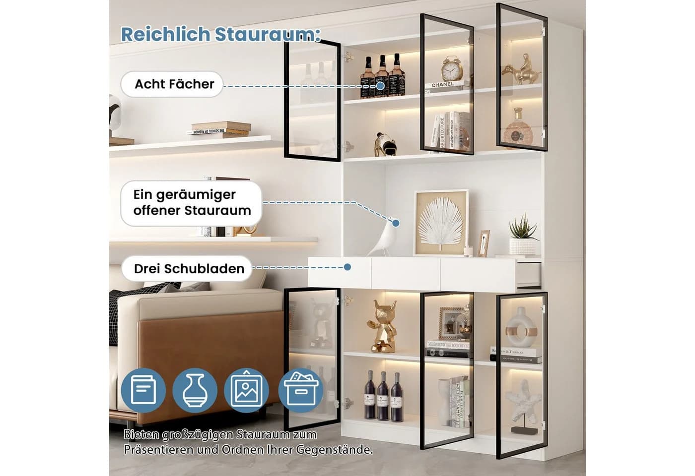 Merax Standvitrine Matt Glasvitrine mit LED-Beleuchtung und Stauraum - Bild 4