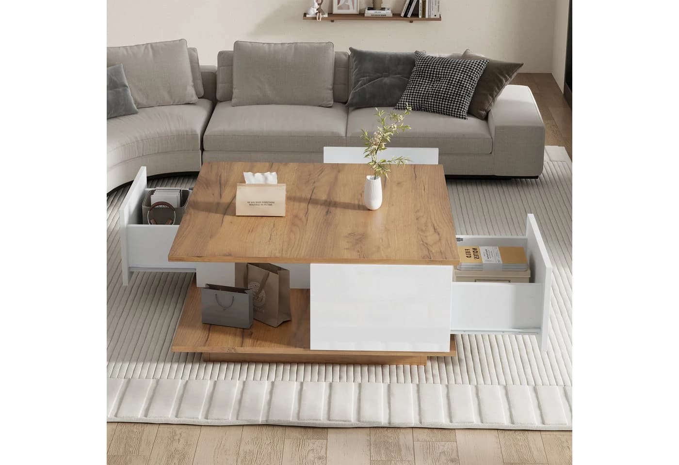 Merax Couchtisch Weiß Hochglanz 3 Schubladen Modern