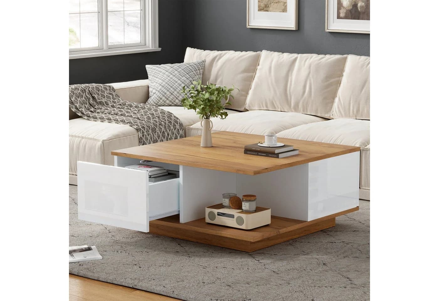 Merax Couchtisch Weiß Hochglanz 3 Schubladen Modern - Bild 3