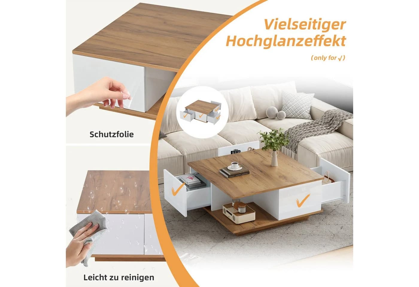 Merax Couchtisch Weiß Hochglanz 3 Schubladen Modern - Bild 4