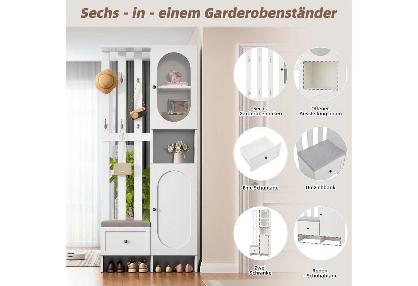Merax Garderoben-Set Scandi Weiß mit Schuhbank und Stauraum - Bild 4