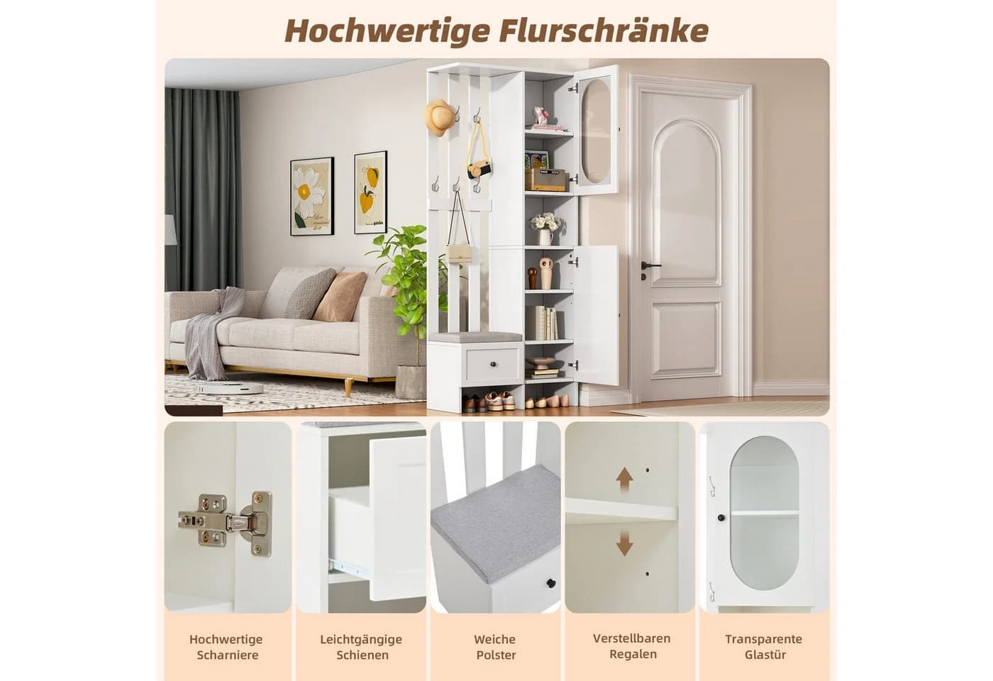 Merax Garderoben-Set Scandi Weiß mit Schuhbank und Stauraum - Bild 5