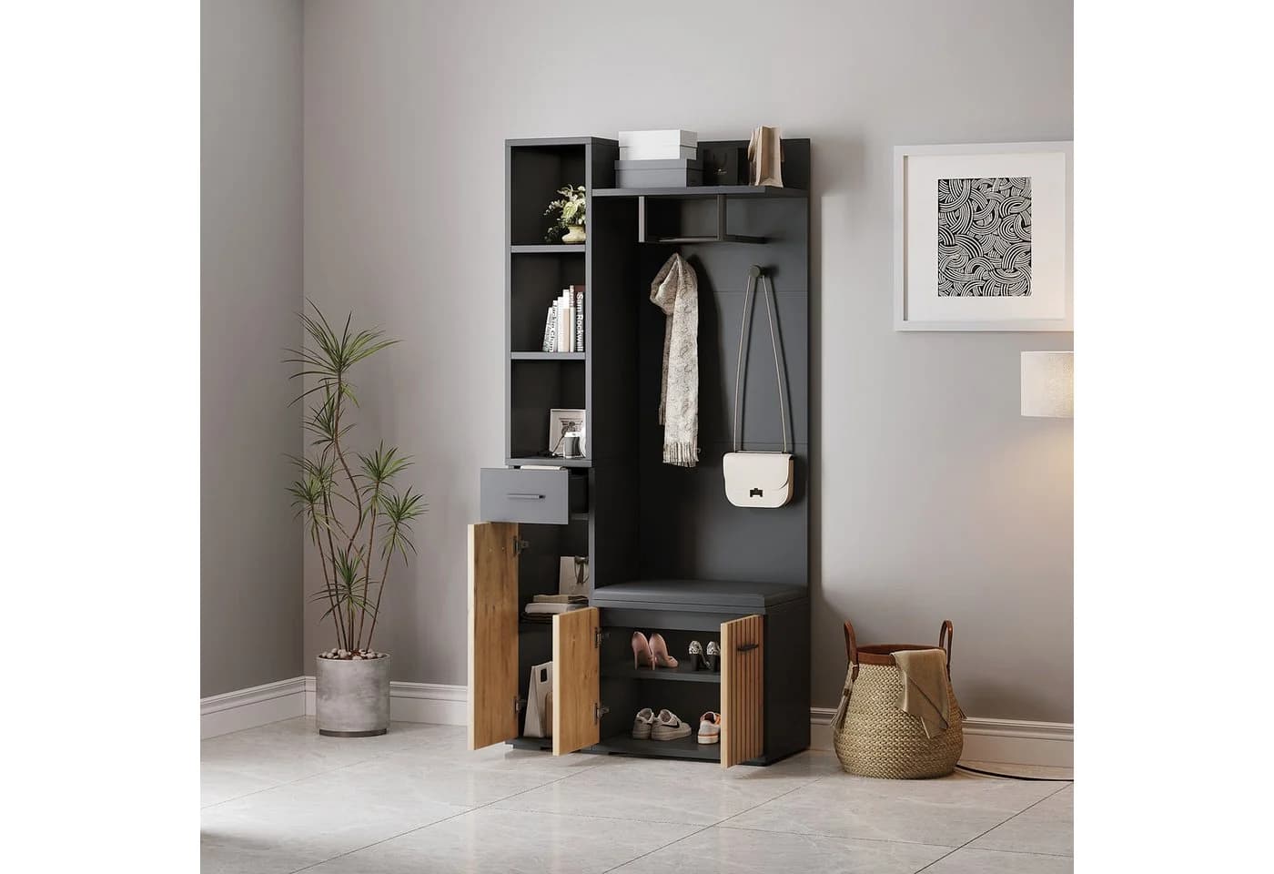 Merax Garderoben-Set 7-in-1 Kompaktgarderobe Schwarz