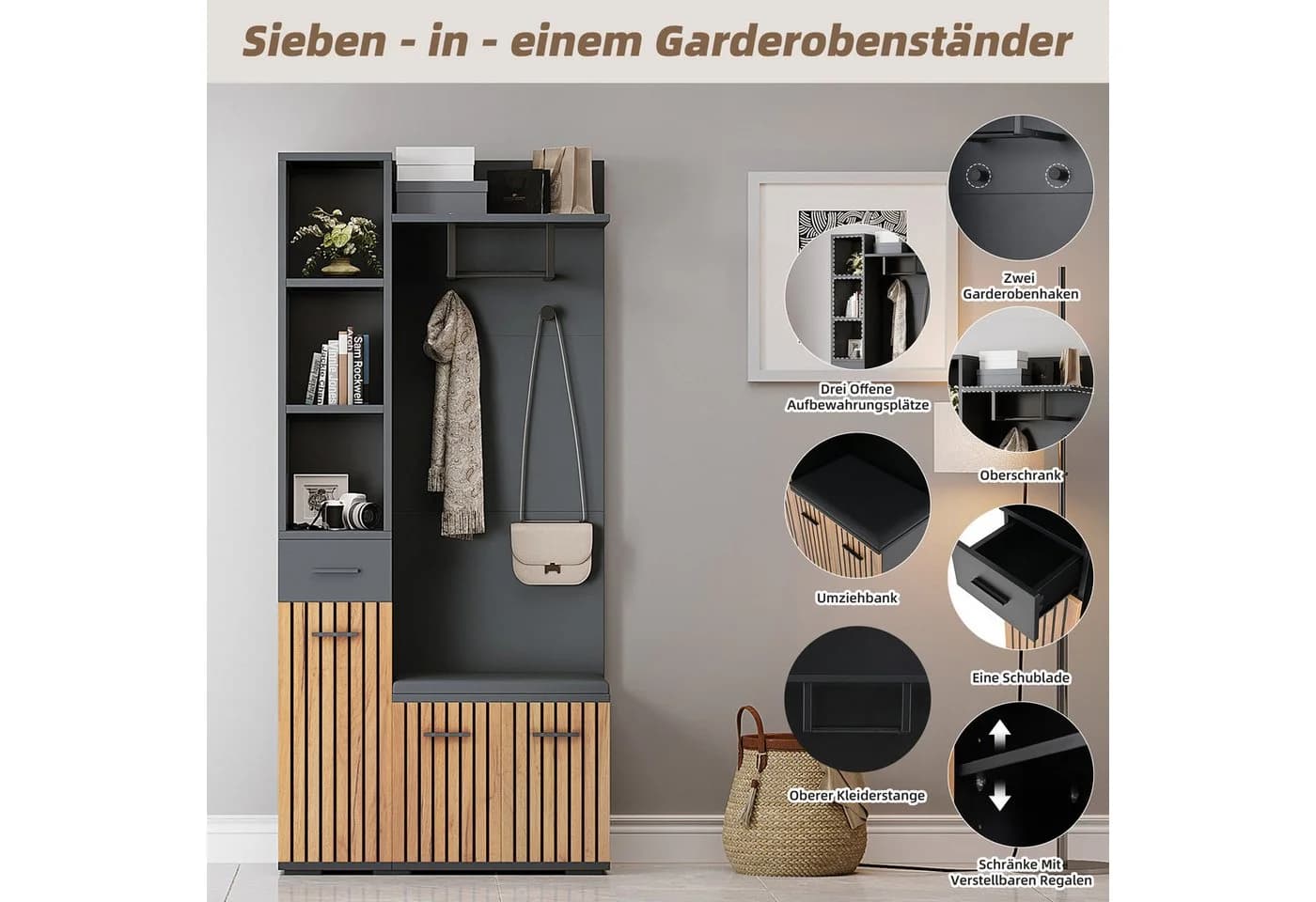 Merax Garderoben-Set 7-in-1 Kompaktgarderobe Schwarz - Bild 4