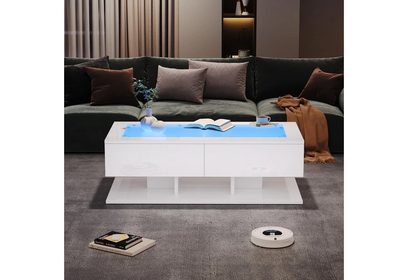 Merax Couchtisch Hochglanz mit LED-Beleuchtung und Schubladen