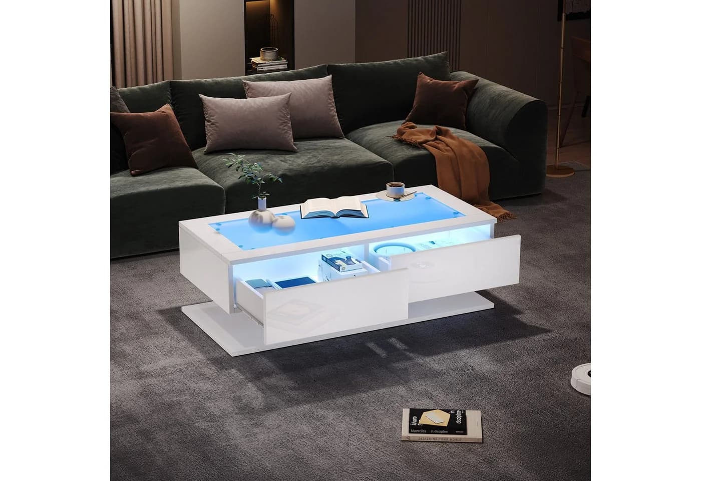 Merax Couchtisch Hochglanz mit LED-Beleuchtung und Schubladen - Bild 3