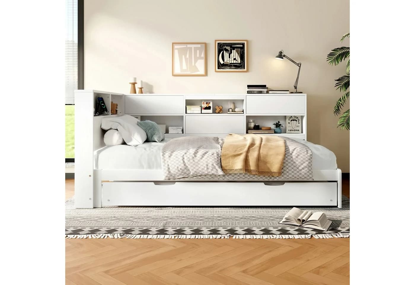 Merax Daybett Schlafsofa mit USB & Typ-C, Massivholz Tagesbett 90x200cm mit Ausziehbett & Kopfteil mit Stauraum
