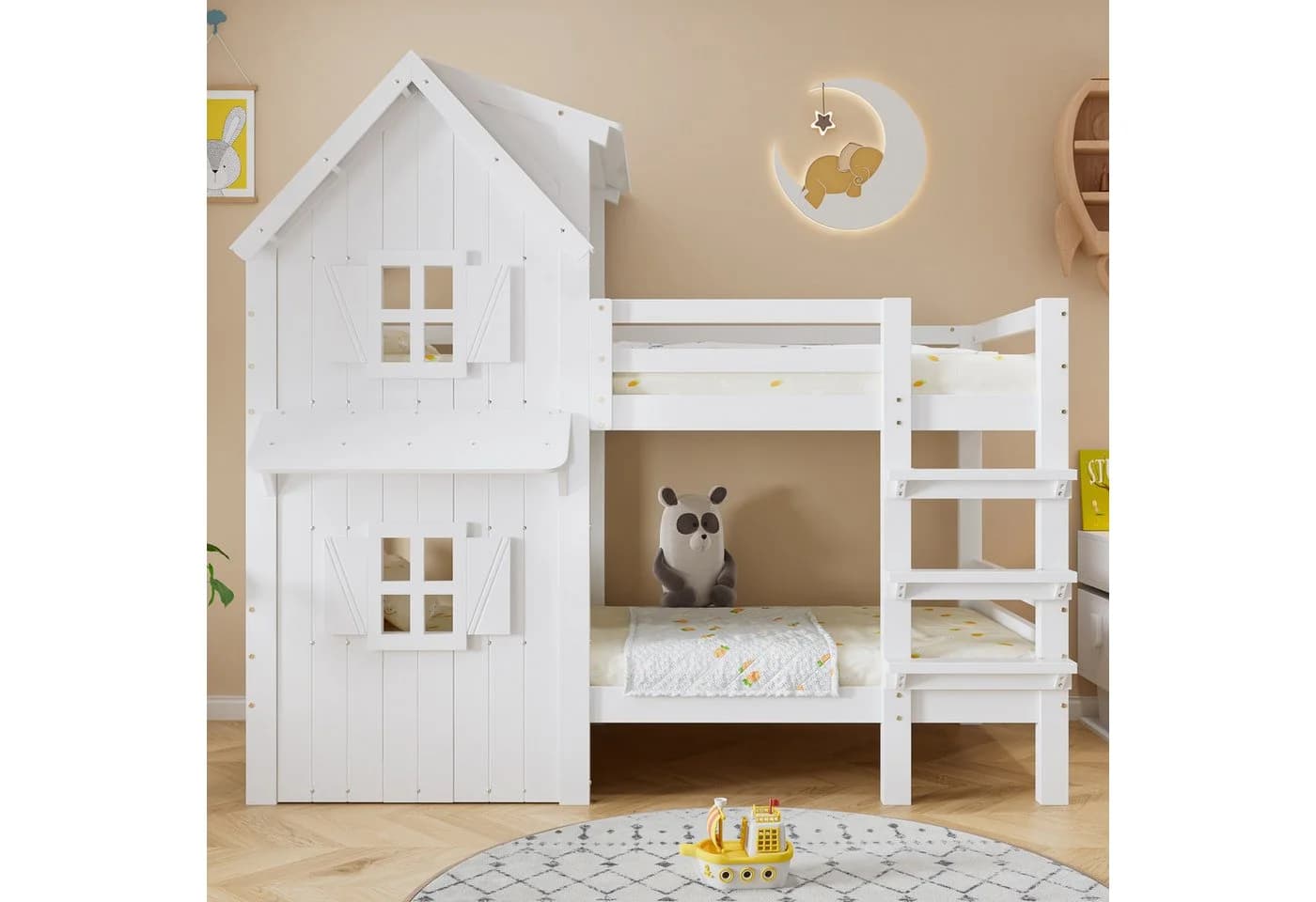 Merax Etagenbett mit Dach & Fenstern Weiß Kiefer Kinderbett
