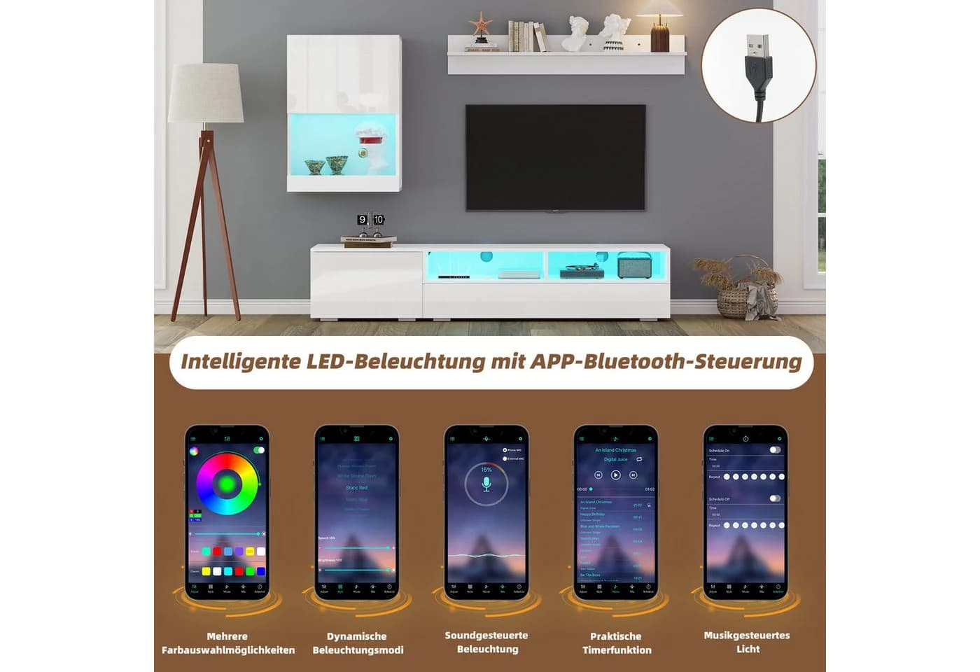 Merax Wohnwand Set TV-Schrank mit LED Hochglanz - Bild 4
