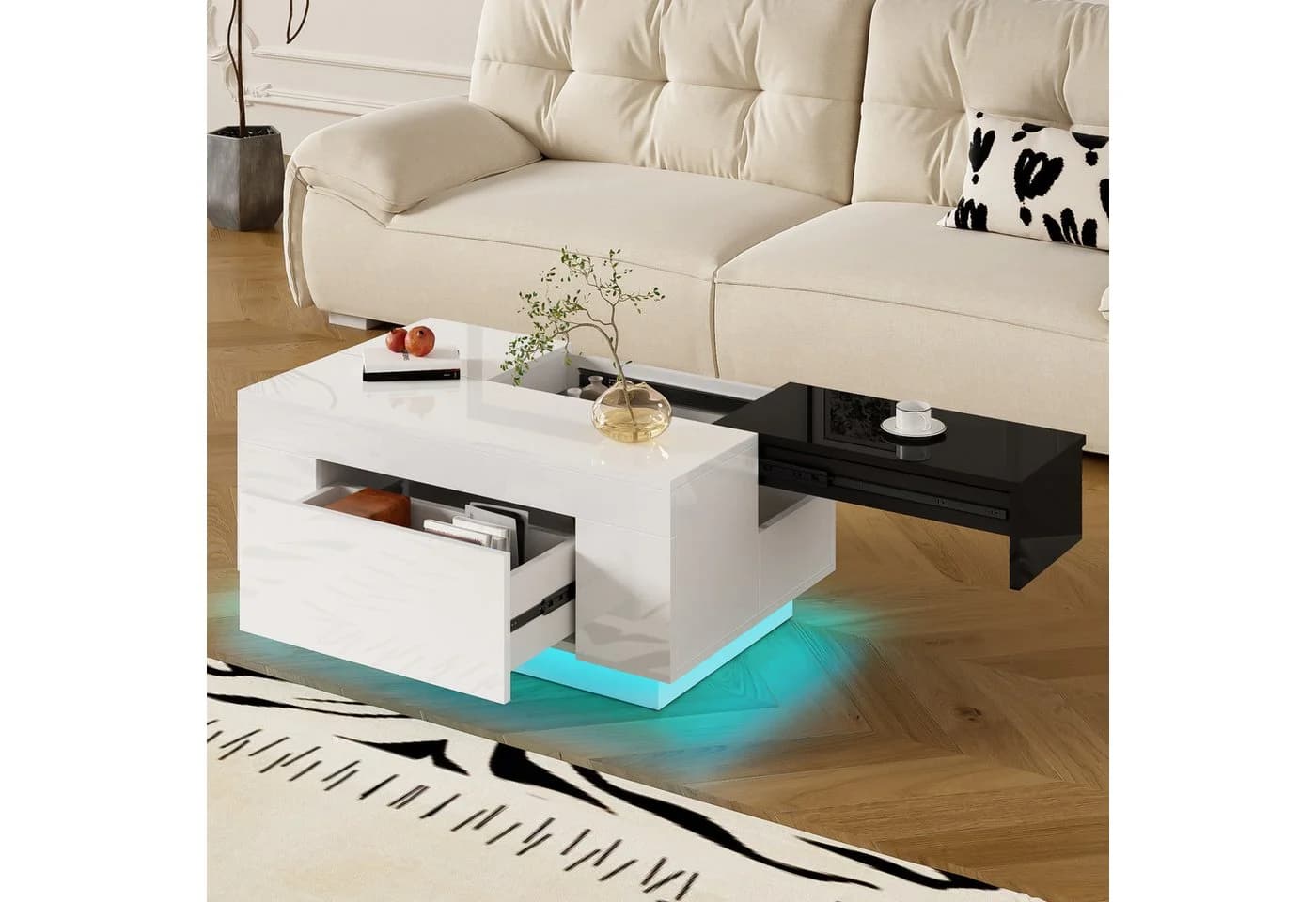 Merax Couchtisch Hochglanz LED-Beleuchtung Weiß/Schwarz