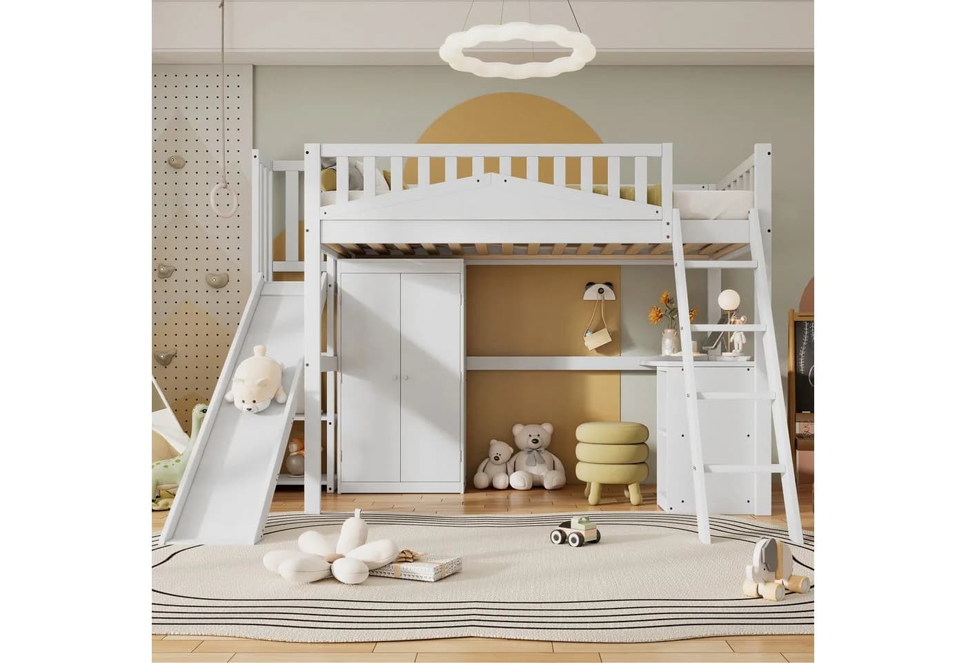 Merax Etagenbett Kinderbett mit Schreibtisch, Rutsche und Kleiderschrank