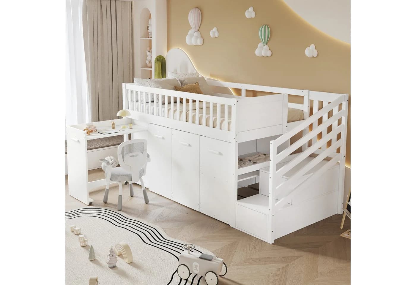 Merax Etagenbett 90x200cm mit Schreibtisch, Kleiderschrank & Stauraumtreppe