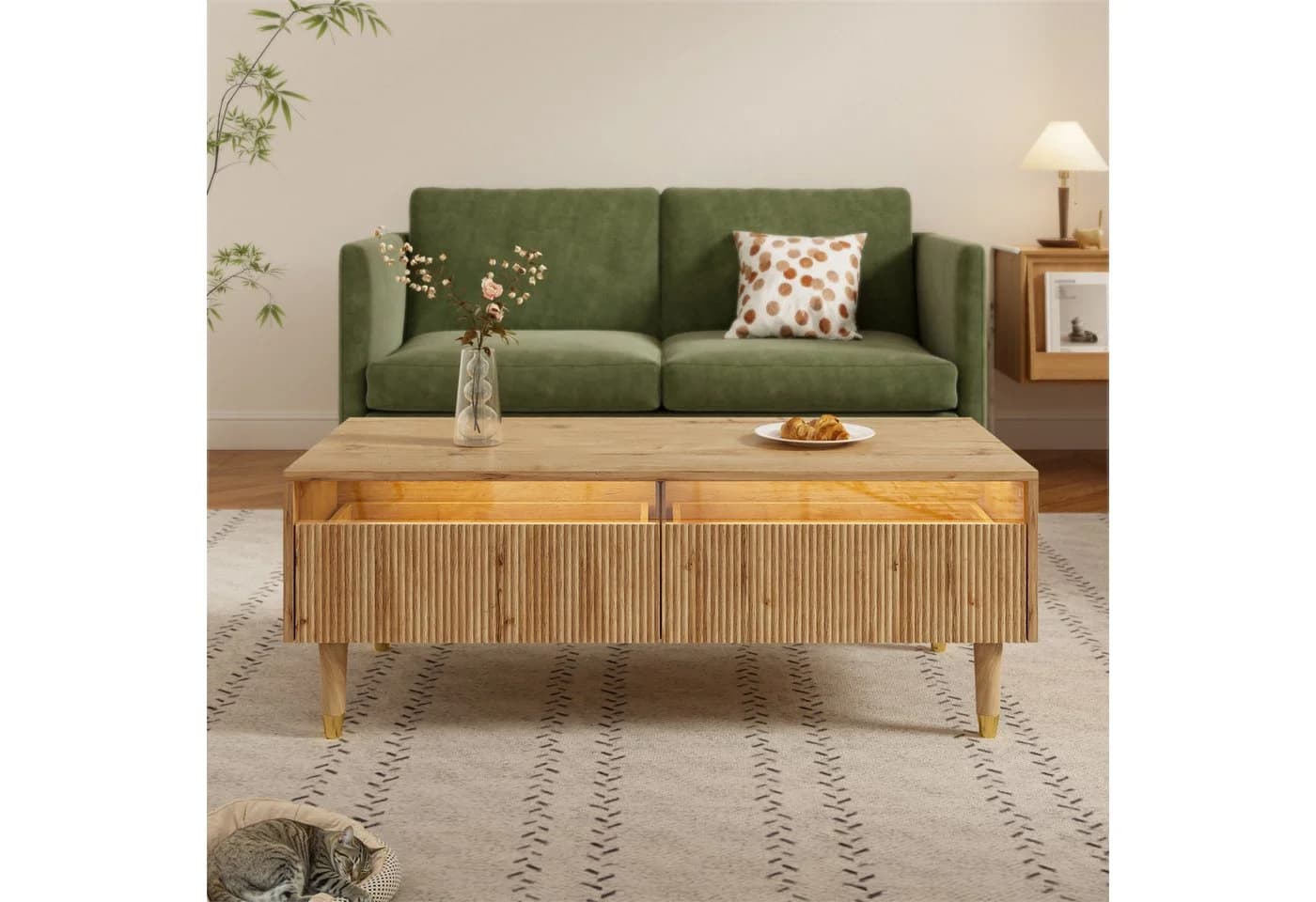 Merax Couchtisch Sofatisch Beistelltisch mit LED-Beleuchtung, Wohnzimmertisch mit 2 Schubladen & Massivholzbeinen - Bild 3