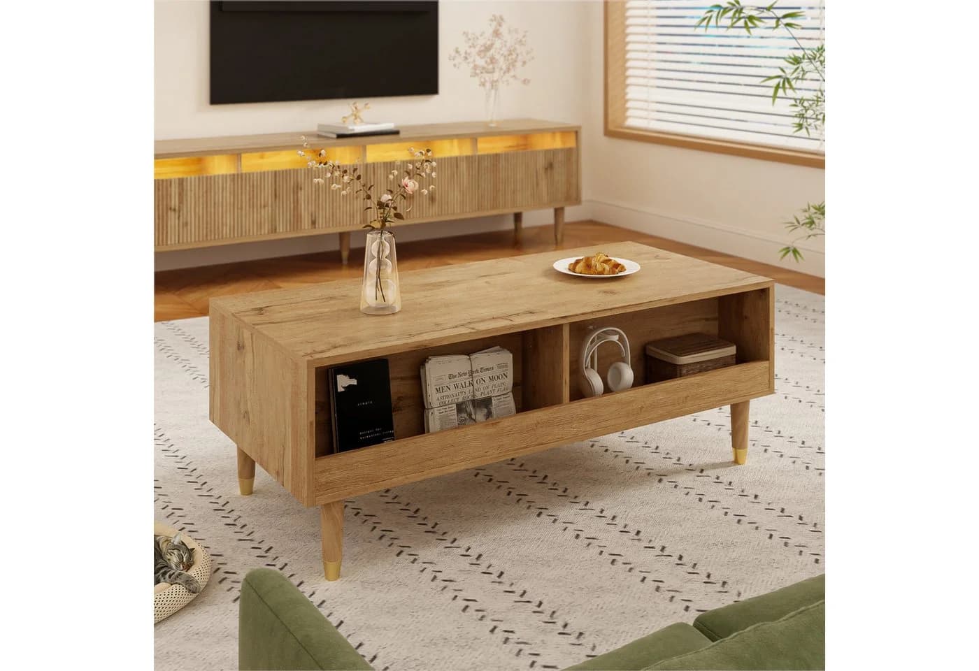 Merax Couchtisch Sofatisch Beistelltisch mit LED-Beleuchtung, Wohnzimmertisch mit 2 Schubladen & Massivholzbeinen - Bild 4