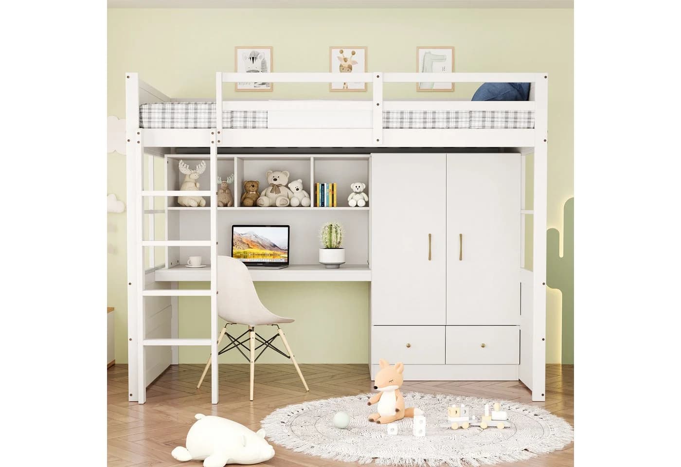 Merax Hochbett 1-St. Jugendbett Einzelbett Kiefer Kinderbett 90x200 cm mit Schreibtisch Kleiderschrank Schubladen - Bild 2