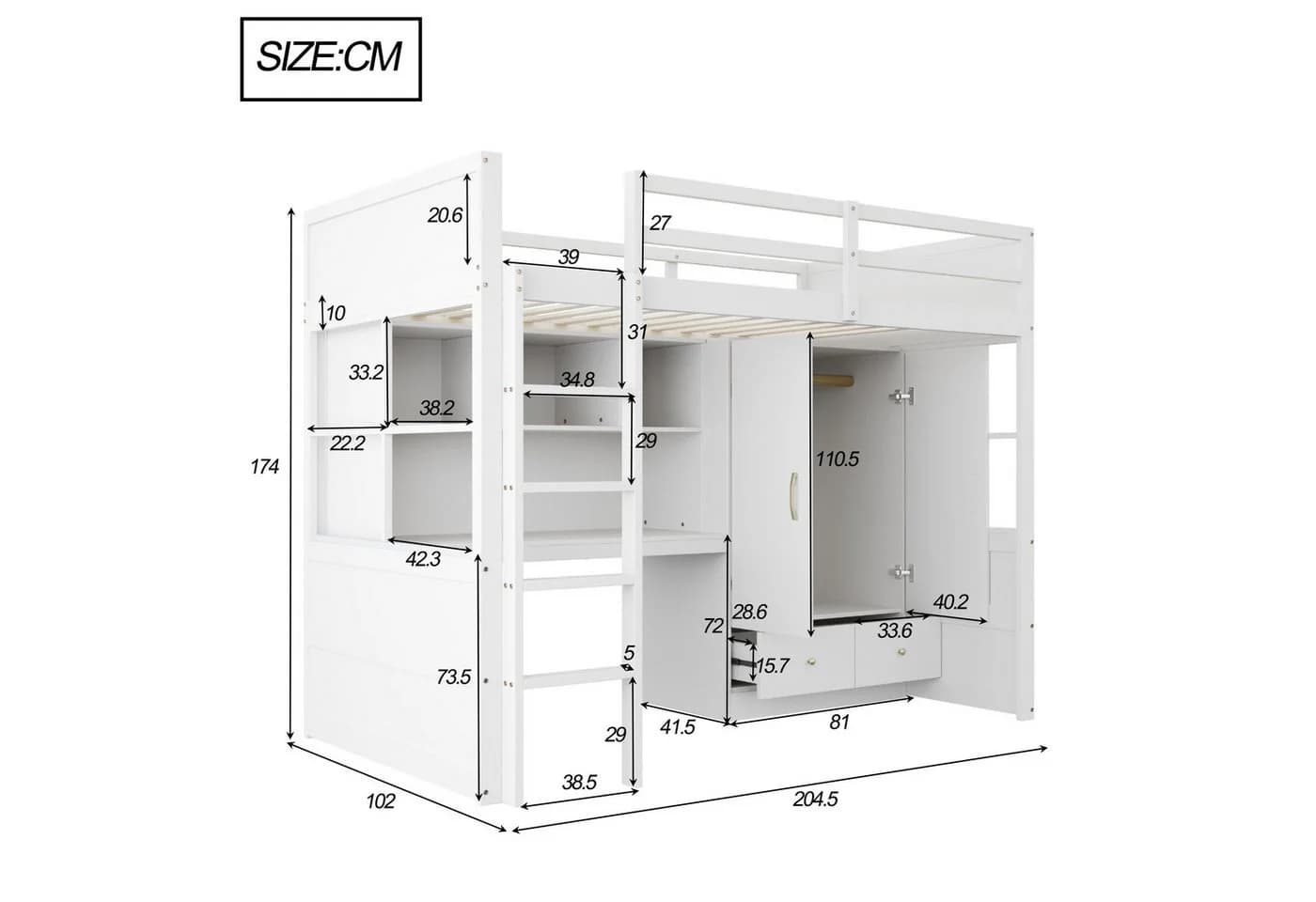 Merax Hochbett 1-St. Jugendbett Einzelbett Kiefer Kinderbett 90x200 cm mit Schreibtisch Kleiderschrank Schubladen - Bild 5