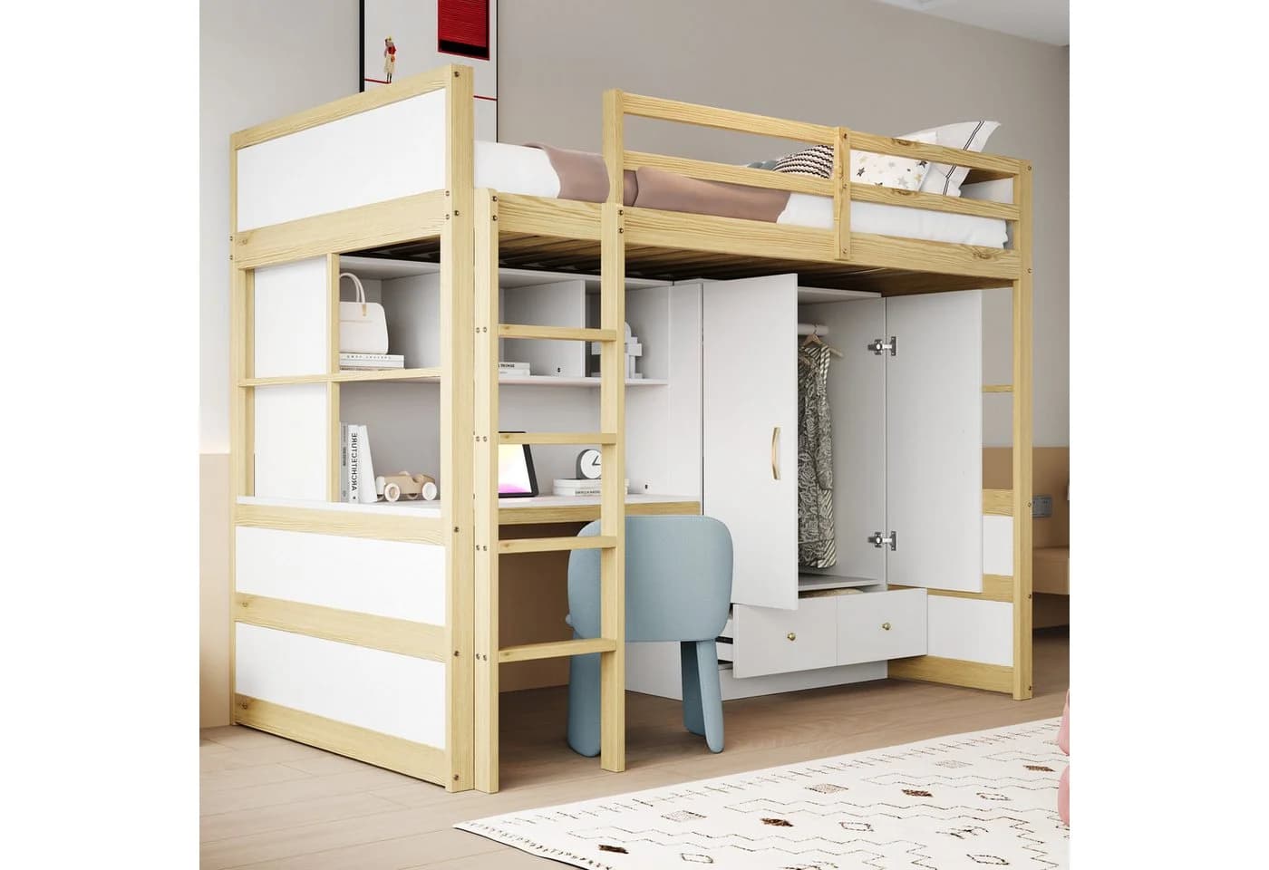 Merax Hochbett Weiß Kiefer mit Schreibtisch und Kleiderschrank