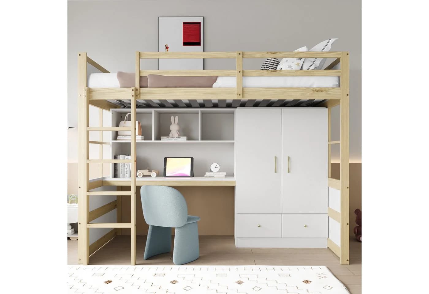 Merax Hochbett Weiß Kiefer mit Schreibtisch und Kleiderschrank - Bild 2