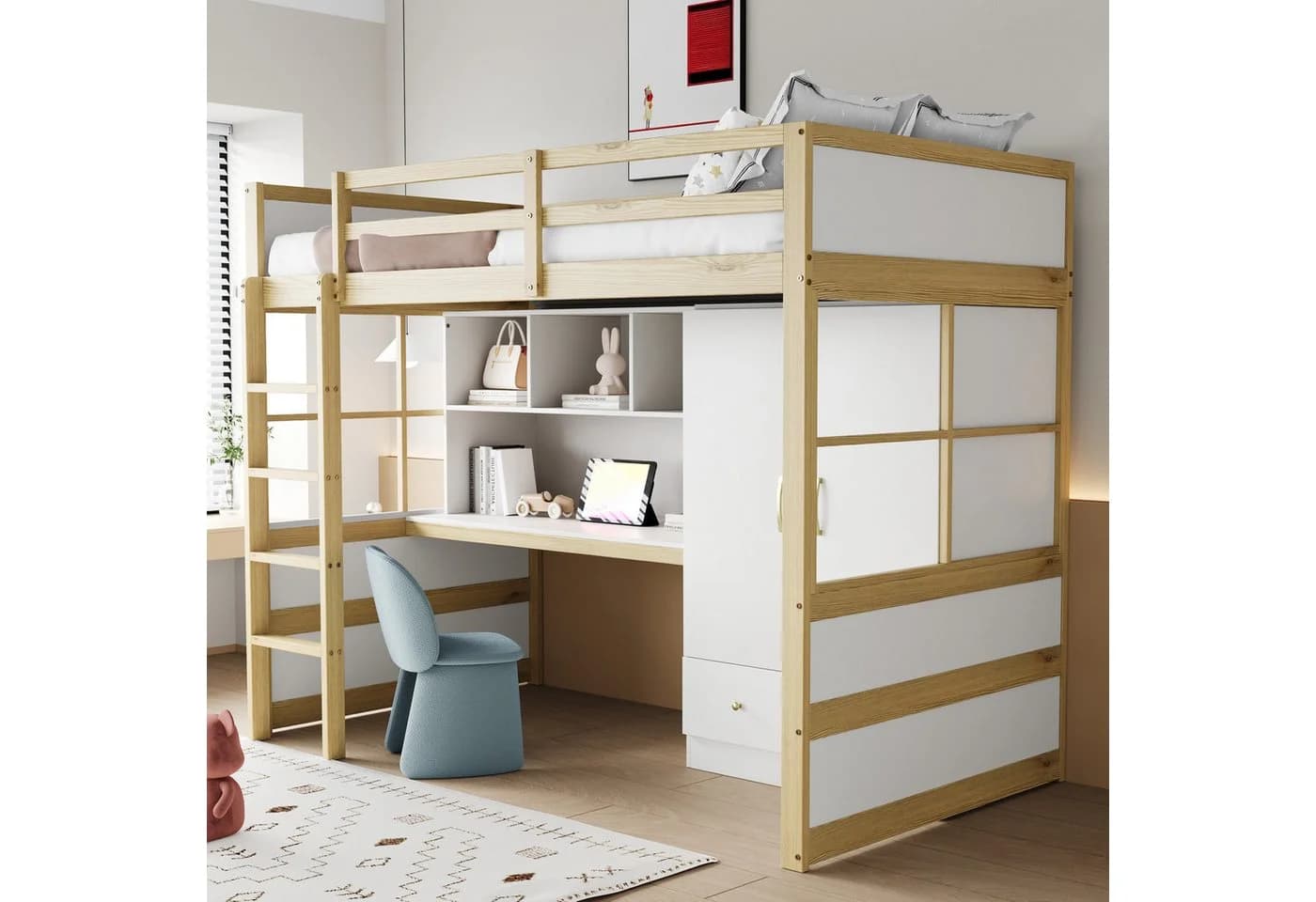 Merax Hochbett Weiß Kiefer mit Schreibtisch und Kleiderschrank - Bild 3