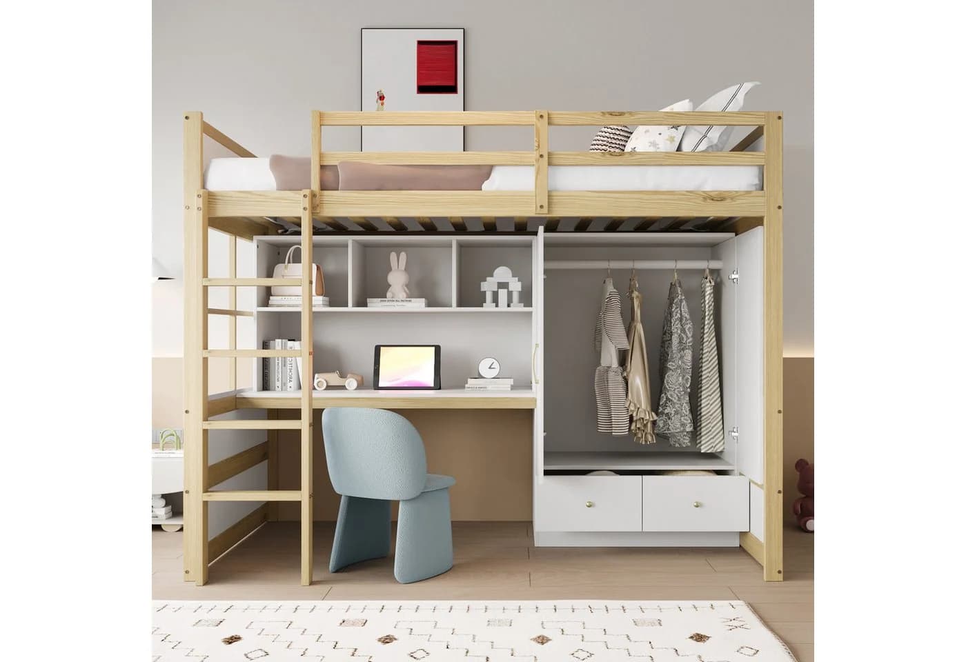 Merax Hochbett Weiß Kiefer mit Schreibtisch und Kleiderschrank - Bild 4