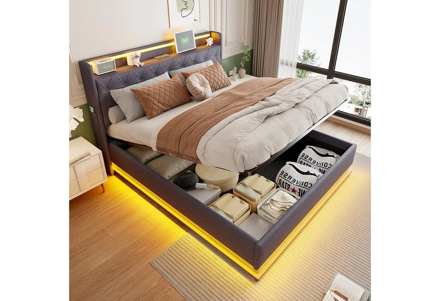 Merax LED-Polsterbett mit USB-Ladeanschluss und hydraulischem Stauraum