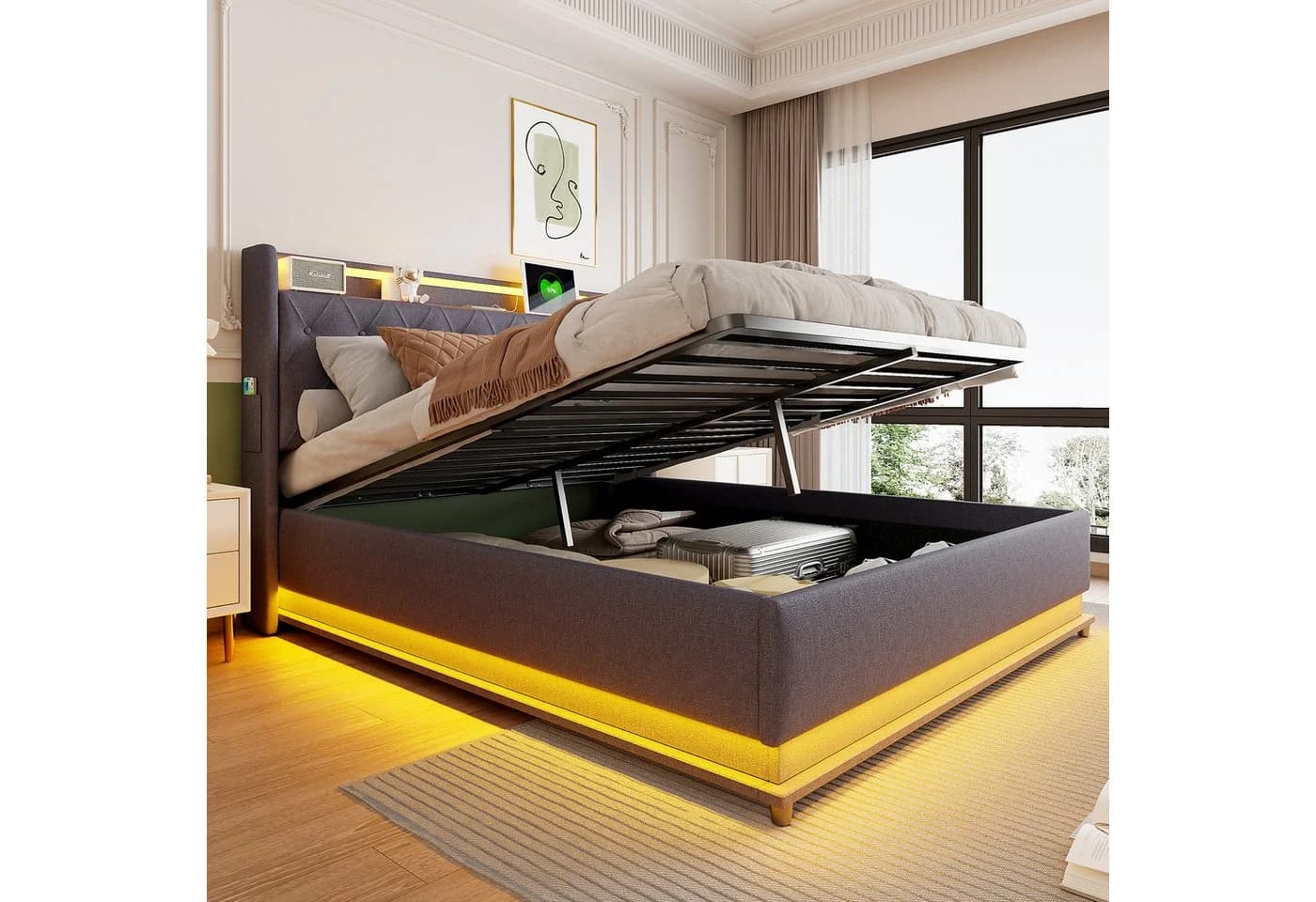 Merax LED-Polsterbett mit USB-Ladeanschluss und hydraulischem Stauraum - Bild 2