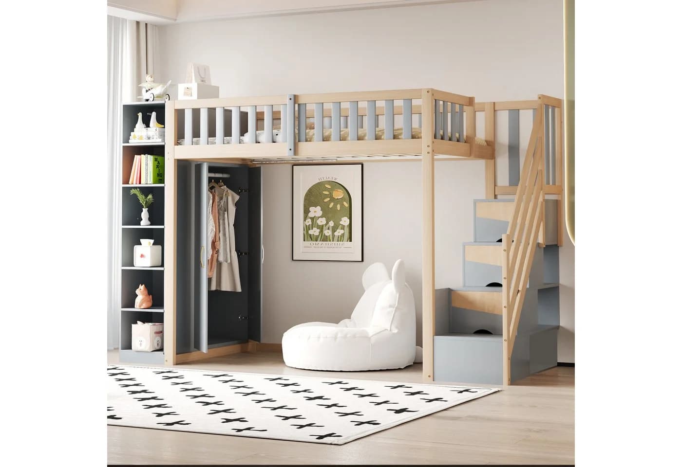 Merax Hochbett 90x200cm mit großem Kleiderschrank - Bild 3