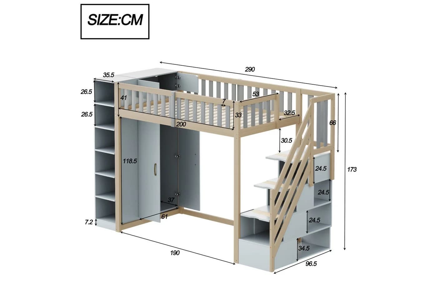 Merax Hochbett 90x200cm mit großem Kleiderschrank - Bild 5