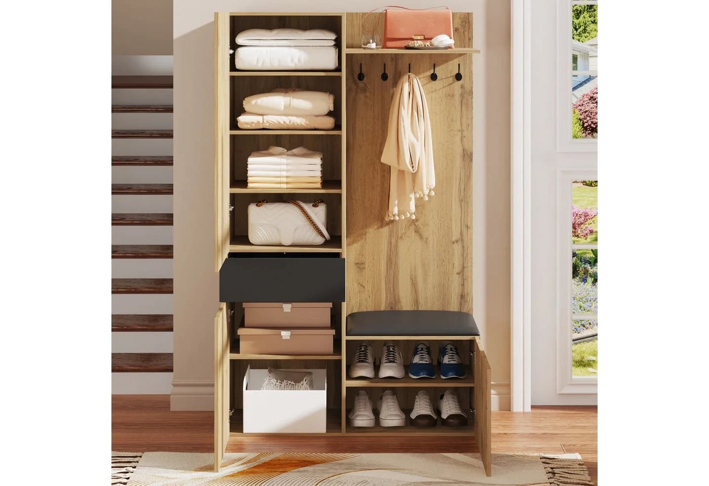 Merax Garderoben-Set mit Spiegel und Sitzbank Holzoptik Schwarz