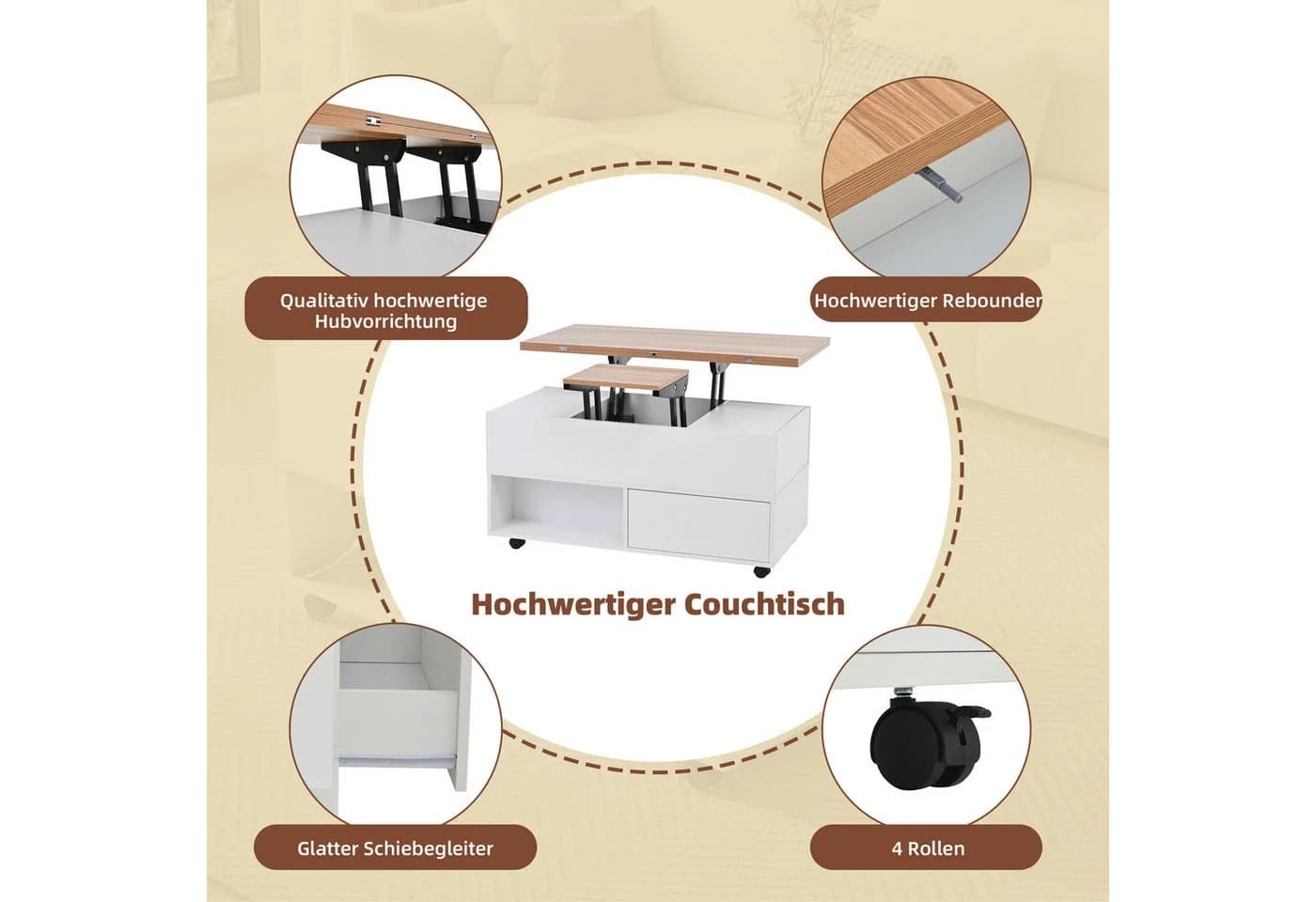 Merax Couchtisch höhenverstellbar weiß mit Schubladen - Bild 5