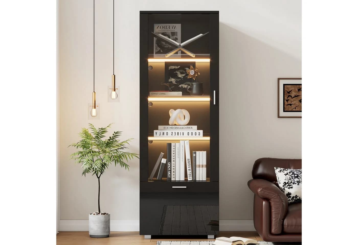 Merax Standvitrine Hochglanz Vitrine mit LED-Beleuchtung