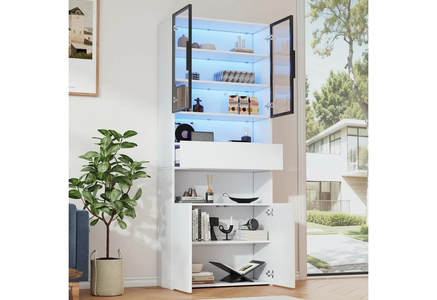 Merax Glasvitrine Weiß mit LED und Aluminiumrahmen
