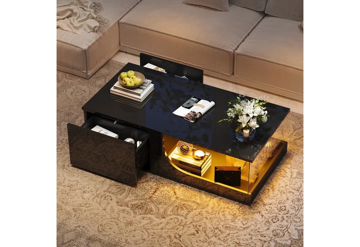 Merax Couchtisch mit LED-Beleuchtung und 2 Schubladen Schwarz