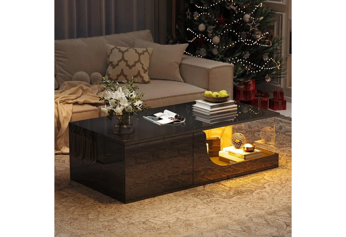 Merax Couchtisch mit LED-Beleuchtung und 2 Schubladen Schwarz - Bild 3