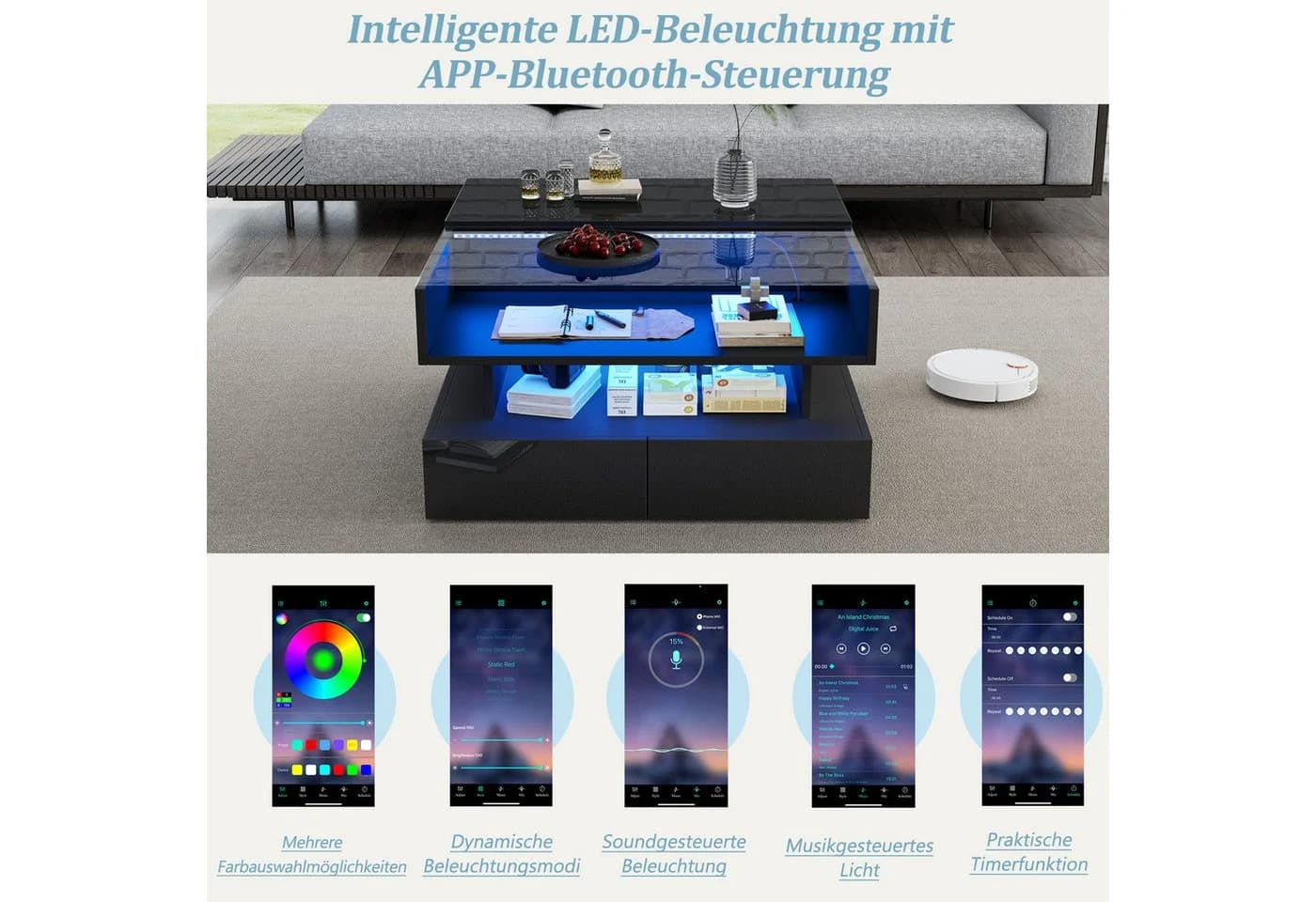 Merax Couchtisch höhenverstellbar Sofatisch Hochglanz LED-Beleuchtung - Bild 5