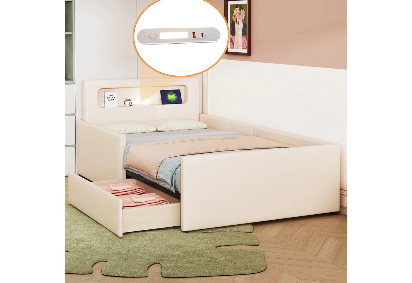 Merax Polsterbett mit USB-Ladeanschluss und Nachtlicht, Kinderbett 90x200cm mit Schublade, Sicherheitsseiten & Stauraum - Bild 4