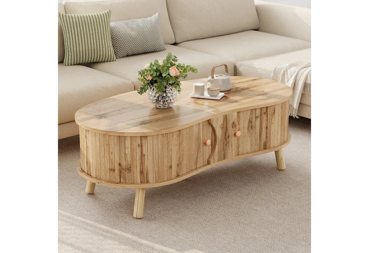 Merax Couchtisch Erbsenform Holzoptik mit Schiebetüren - Bild 2