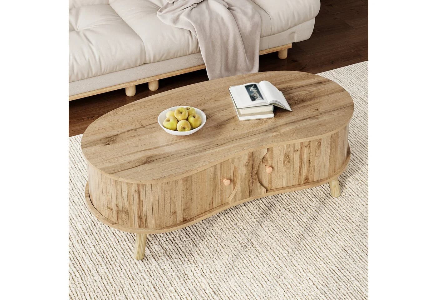Merax Couchtisch Erbsenform Holzoptik mit Schiebetüren - Bild 3