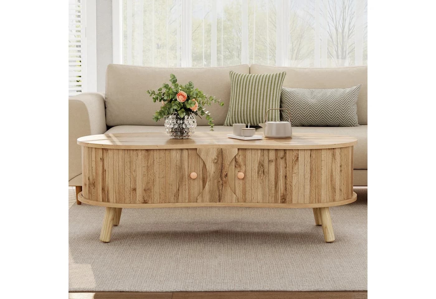 Merax Couchtisch Erbsenform Holzoptik mit Schiebetüren - Bild 4