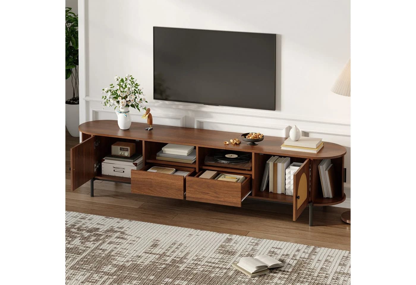 Merax Lowboard TV-Schrank Oval Rattan-Schiebetüren Holzoptik Nussbaum