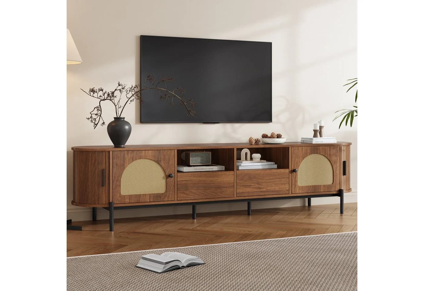 Merax Lowboard TV-Schrank Oval Rattan-Schiebetüren Holzoptik Nussbaum - Bild 2