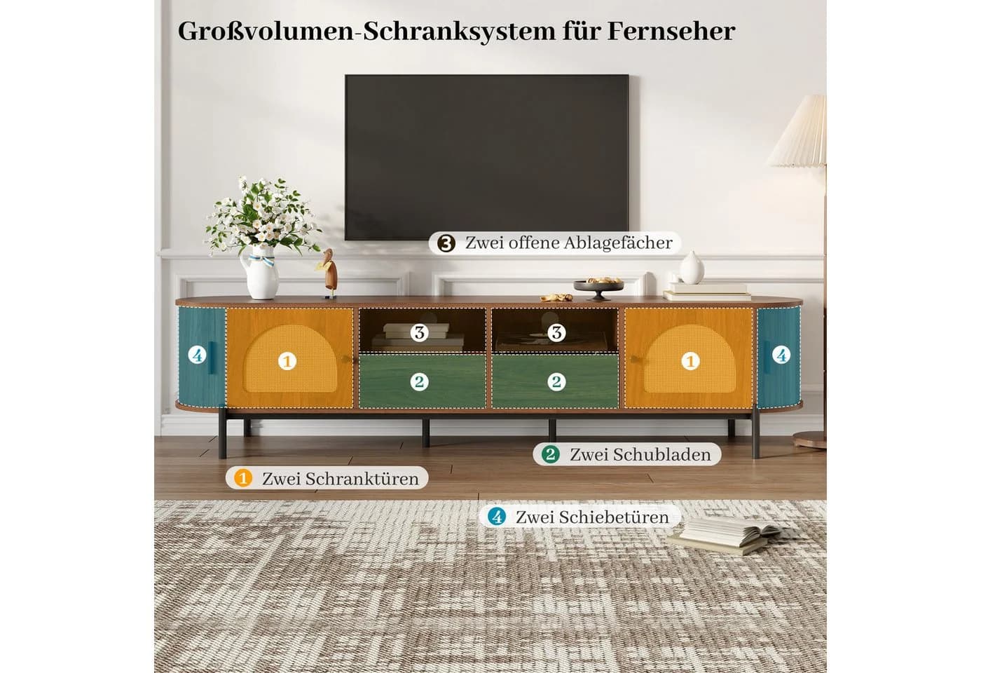 Merax Lowboard TV-Schrank Oval Rattan-Schiebetüren Holzoptik Nussbaum - Bild 5