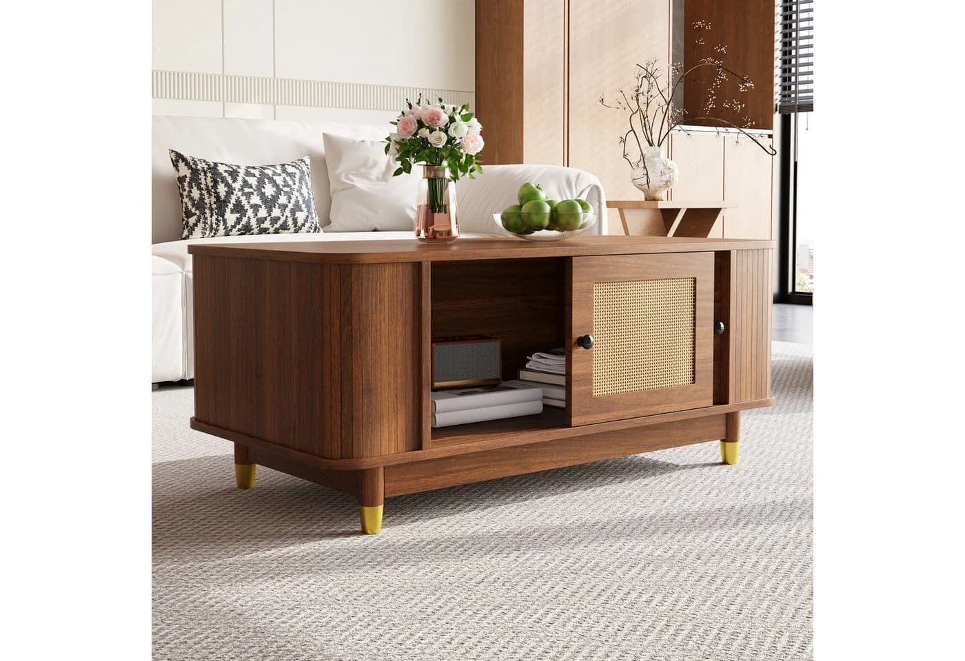 Merax Couchtisch Nussbaum-Holzoptik mit Rattan-Schiebetüren